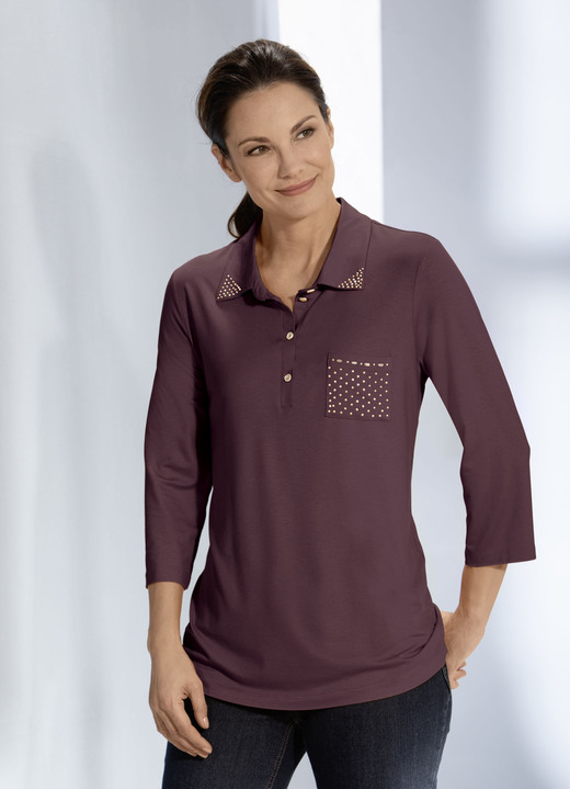 Shirts - Poloshirt mit Strasszier am Polokragen in 3 Farben, in Größe 036 bis 052, in Farbe BRAUN Ansicht 1