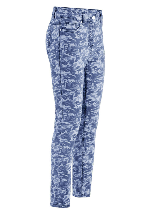 Hosen mit Knopf- und Reißverschluss - Jeans mit Camouflage-Dessinierung, in Größe 017 bis 050, in Farbe BLAU-HELLBLAU Ansicht 1