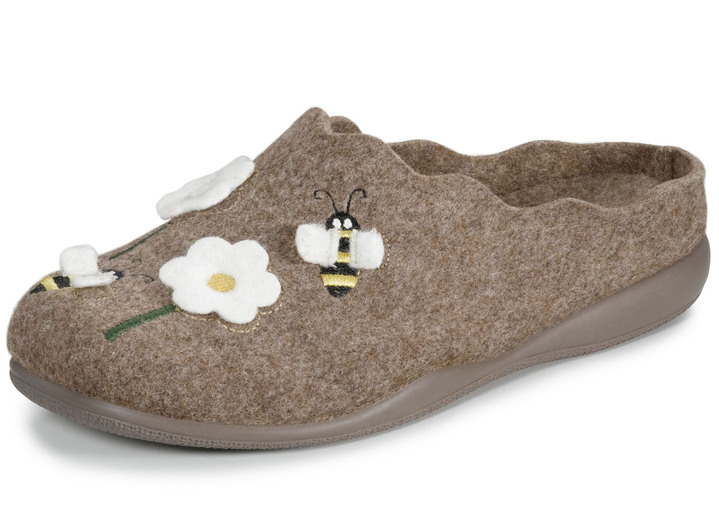 - Laurina Filz-Pantoffel mit süßer Applikation und Stickerei, in Größe 036 bis 042, in Farbe NATURBRAUN Ansicht 1