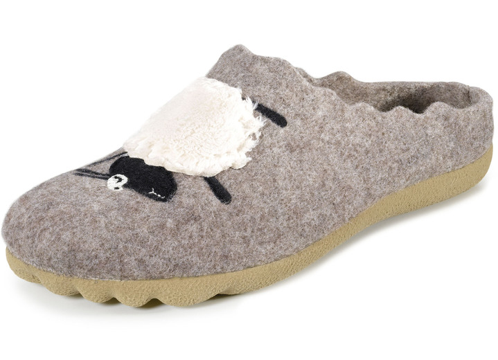 - Laurina Pantoffel mit Schäfchen-Applikation, in Größe 036 bis 042, in Farbe TAUPE