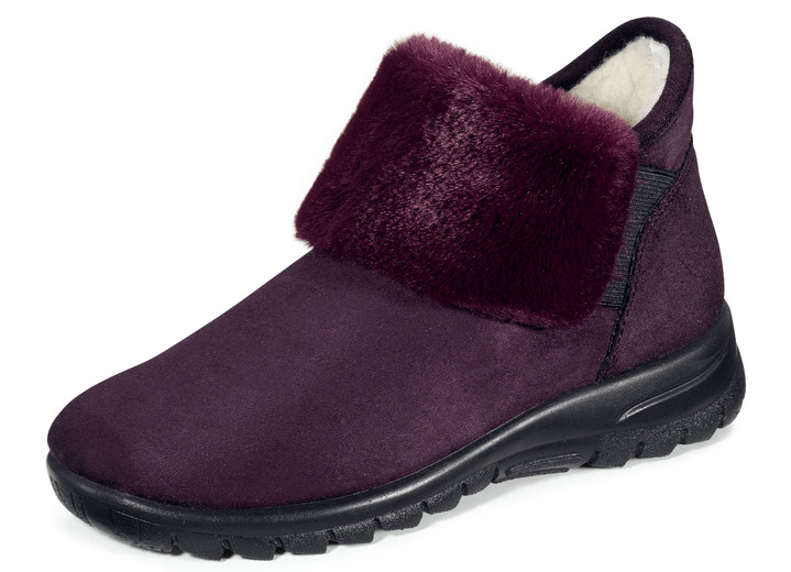 Hausschuhe - Laurina Schlupf-Stiefelette mit kuscheligem Plüschbesatz, in Größe 036 bis 042, in Farbe AUBERGINE Ansicht 1