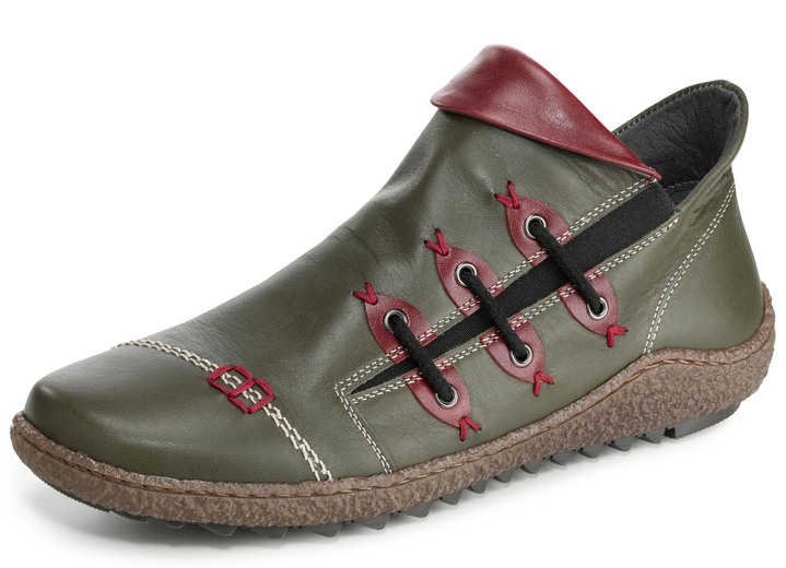 Stiefel & Stiefeletten - Bootie aus Nappaleder mit dekorativem Elastikeinsatz, in Größe 036 bis 042, in Farbe TANNE-BORDEAUX Ansicht 1