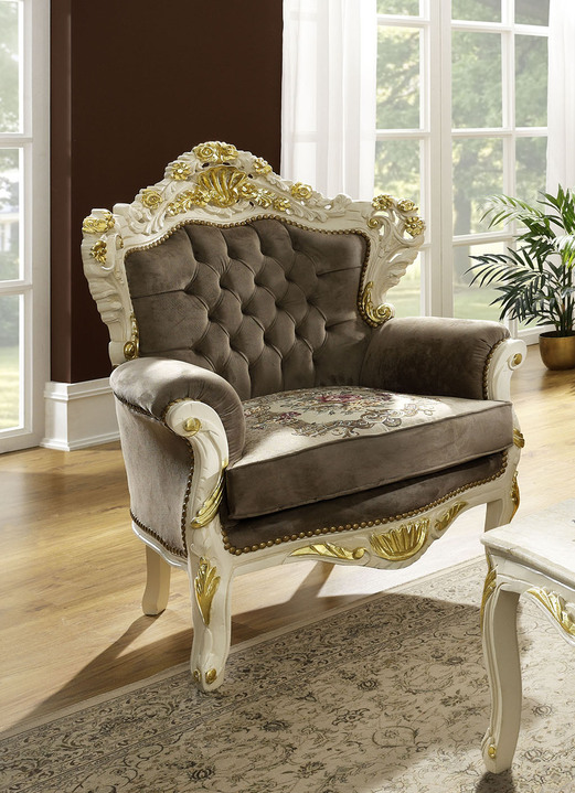 Polstergruppen - Schmuckvolle Wohnzimmermöbel mit weiß-goldfarbener Lackierung, in Farbe WEISS-GOLD, in Ausführung Sessel