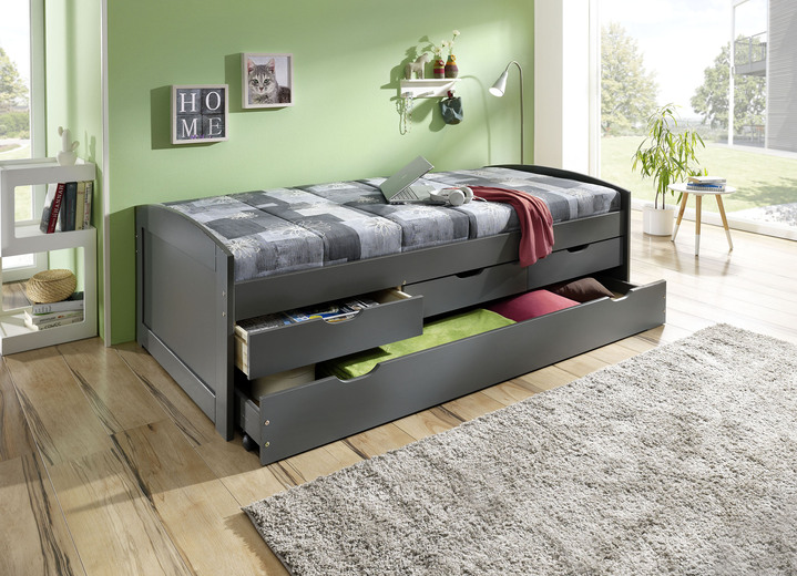 - Funktionsbett aus massivem Kiefernholz, in Farbe GRAU