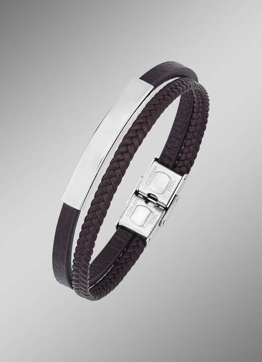 Herren-Modeschmuck - Modernes Leder-Armband mit Edelstahl, in Farbe  Ansicht 1