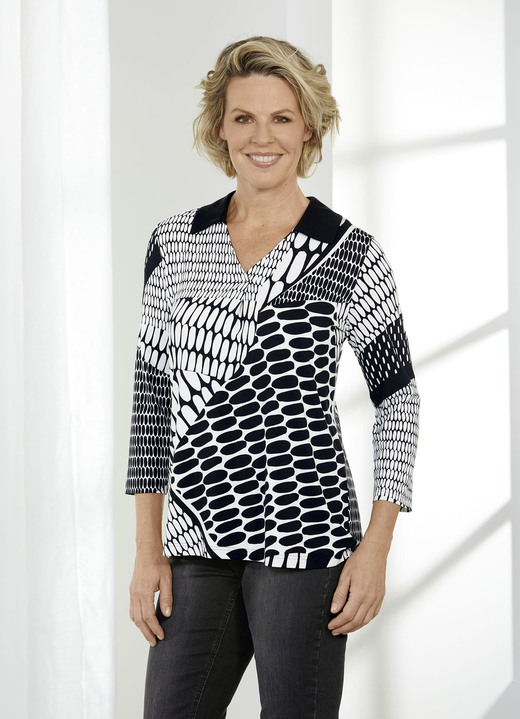 Blusen & Tuniken - Shirt-Tunika mit V-Ausschnitt, in Größe 036 bis 054, in Farbe SCHWARZ-ECRU