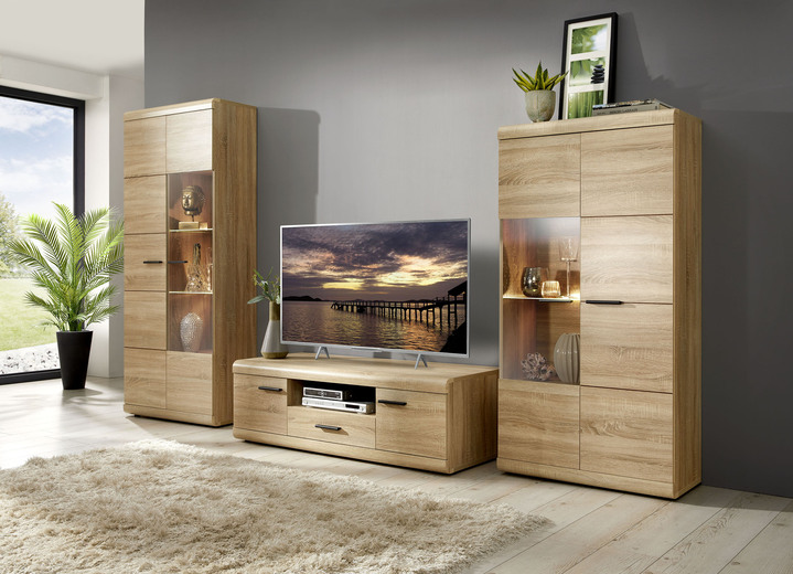 - TV Wohnwand mit LED-Beleuchtung, in Farbe EICHE SONOMA, in Ausführung Mit Aufbau-Anleitung