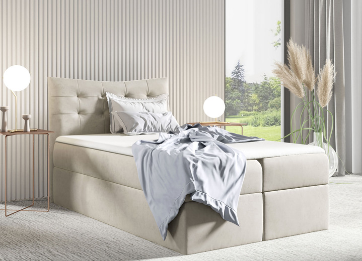 - Boxspringbett mit 2 Bettkästen und Topper, in Farbe CREME