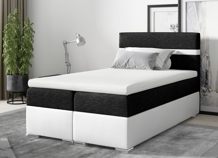 Boxspringbetten - 2-farbiges Boxspringbett mit Bettkasten und Topper, in Farbe WEISS-SCHWARZ Ansicht 1