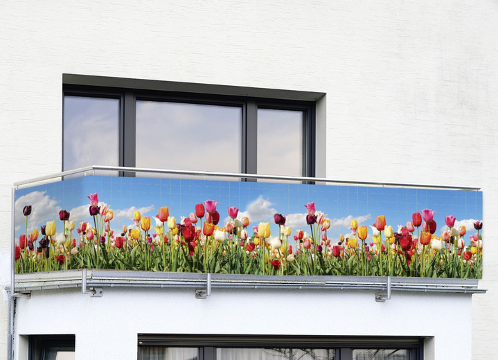 Sicht- & Sonnenschutz - Balkon-Bespannung mit eingearbeiteten Metall-Ösen, in Farbe BUNT, in Ausführung Balkon-Bespannung Tulpenwiese Ansicht 1