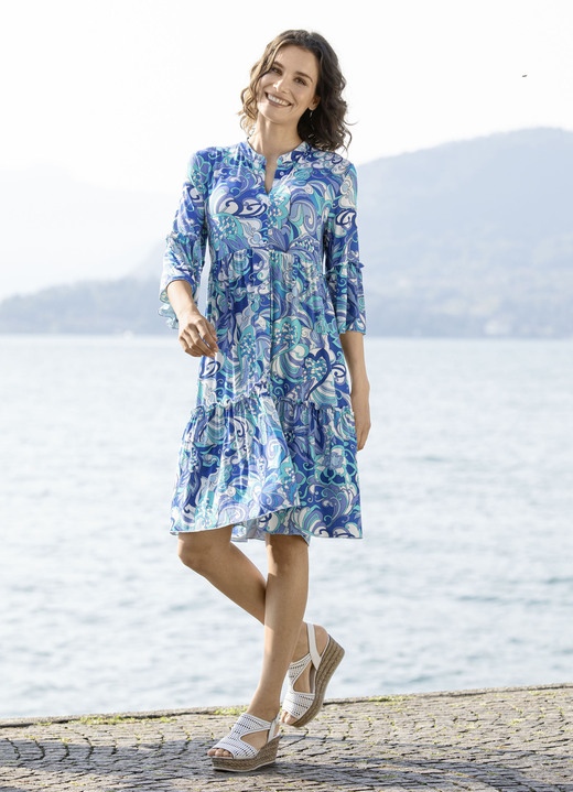 - Sommerliches Kleid in bequemer Schlupfform, in Größe 036 bis 052, in Farbe ROYALBLAU-TÜRKIS-WEISS