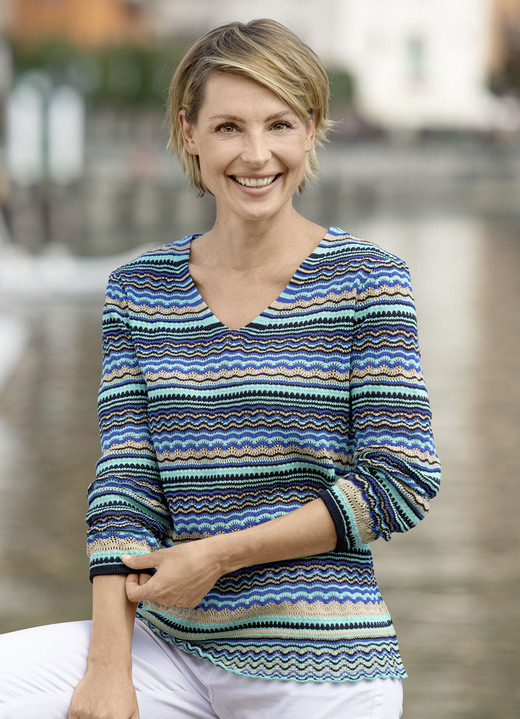 Langarm - Pullover mit Ringeldessin, in Größe 036 bis 052, in Farbe BLAU-TÜRKIS-BEIGE
