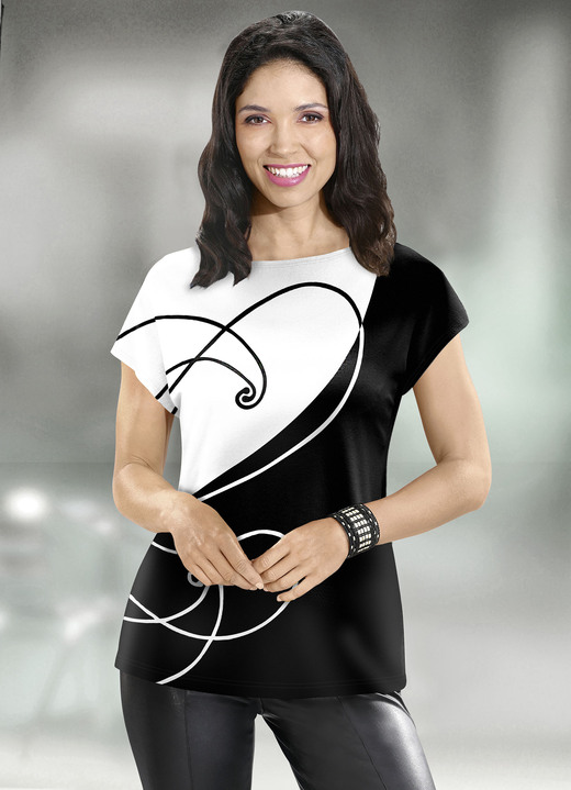 Kurzarm - Shirt mit edlem Druck, in Größe 036 bis 052, in Farbe SCHWARZ-WEISS Ansicht 1