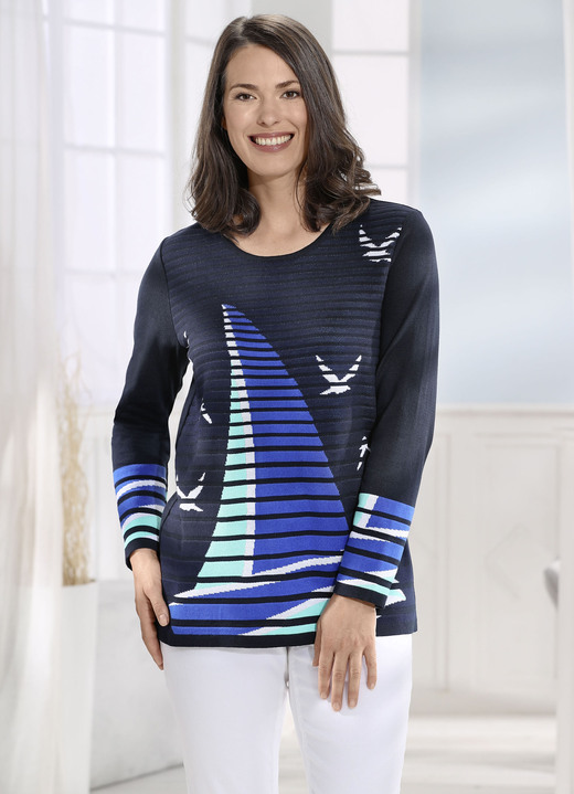 Langarm - Pullover mit Bootsmotiv, in Größe 040 bis 060, in Farbe MARINE-ROYALBLAU-MULTICOLOR