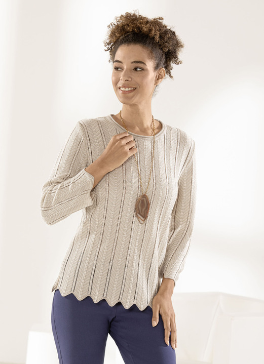 3/4-Arm - Pullover mit aufwendiger, zweifarbiger Struktur, in Größe 038 bis 054, in Farbe BEIGE-WEISS Ansicht 1