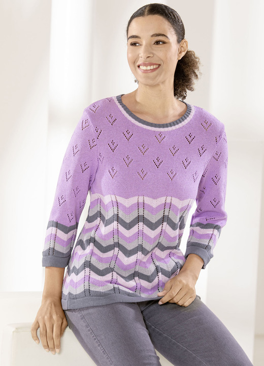 3/4-Arm - Pullover mit Ajourakzenten, in Größe 038 bis 052, in Farbe KROKUS-GRAU-MULTICOLOR