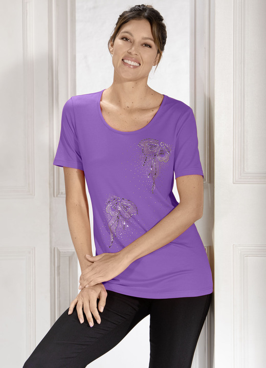 Kurzarm - Shirt mit Strass- und Plättchenzier in 2 Farben, in Größe 038 bis 054, in Farbe LILA Ansicht 1