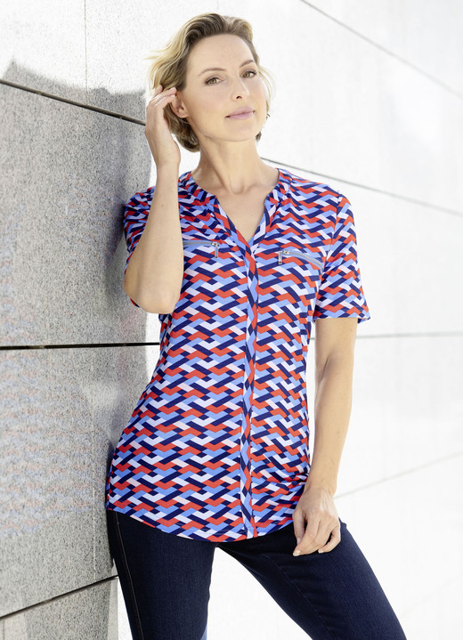Kurzarm - Fabelhaftes Shirt mit V-Ausschnitt in 3 Farben, in Größe 034 bis 052, in Farbe ORANGE-MARINE Ansicht 1