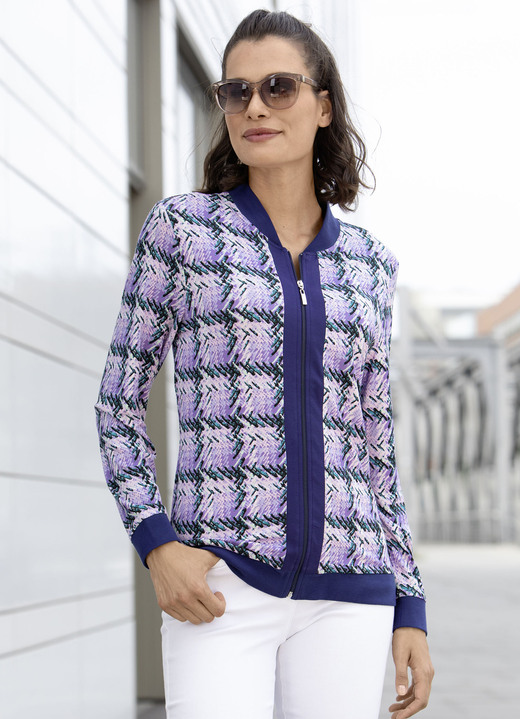 Blusenjacken - Blusenjacke mit Rippenstrick, in Größe 036 bis 052, in Farbe LILA-MARINE-BUNT