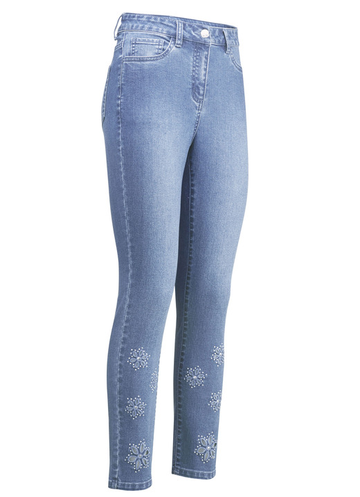 Hosen - Jeans mit floralen Lochstickereien und Strasssteinchen, in Größe 017 bis 050, in Farbe HELLBLAU Ansicht 1