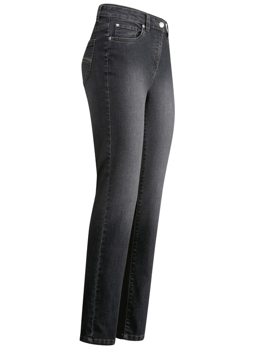 Hosen mit Knopf- und Reißverschluss - Jeans mit schönen Stickereien und funkelnden Strassteinen Hosen mit Knopf- und Reißverschluss - Jeans mit schönen Stickereien und funkelnden Strassteinen, in Größe 017 bis 052, in Farbe GRAFIT