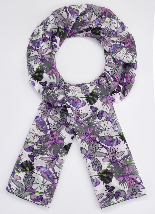 Schals - Schal mit Blüten- und Vogelmotiven, in Farbe WEISS-GRAU-VIOLETT Ansicht 1