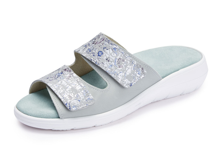 Sandaletten & Pantoletten - ELENA EDEN Pantolette mit Klettspange, in Größe 036 bis 042, in Farbe HELLGRAU-BUNT Ansicht 1