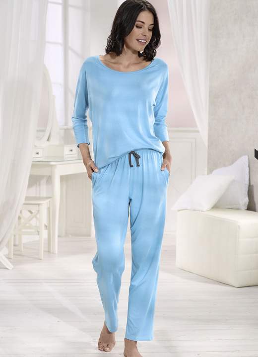 Schlafanzüge & Shortys - Hose aus Viskose und Elastan mit Kordelzug und Taschen, in Größe 036 bis 054, in Farbe AQUA Ansicht 1