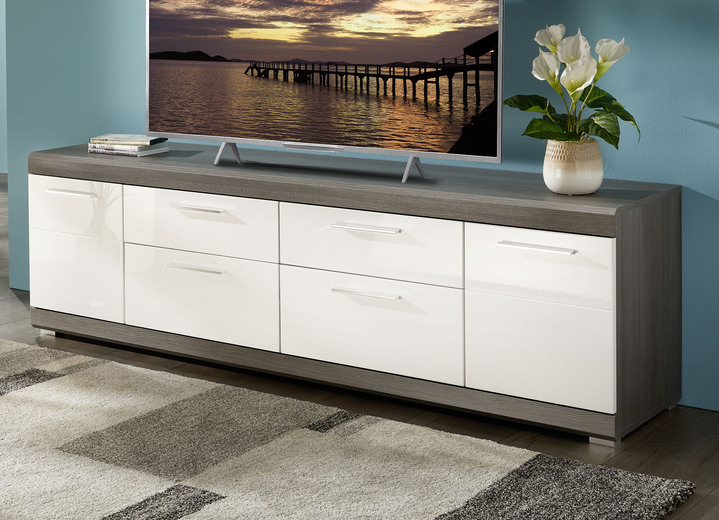 - TV-Longboard mit profilierten MDF-Fronten in Weiß Hochglanz, in Farbe WEISS-SILBER