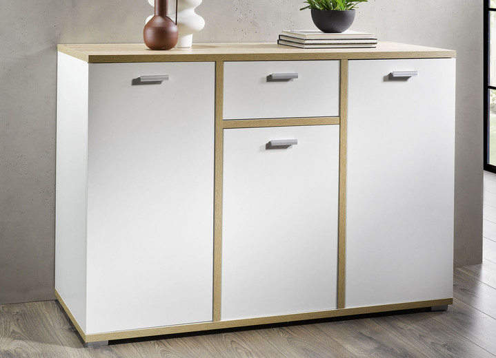 - Modernes und kombistarkes Sideboard, in Farbe WEISS-SONOMA EICHE HELL, in Ausführung 3-türig