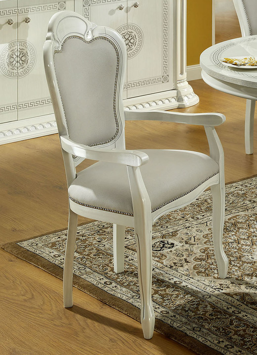 - Stilvolle Stühle mit hochglanzlackierter Kunststoffoberfläche, in Farbe WEISS-SILBER-GRAU, in Ausführung Armlehnenstuhl