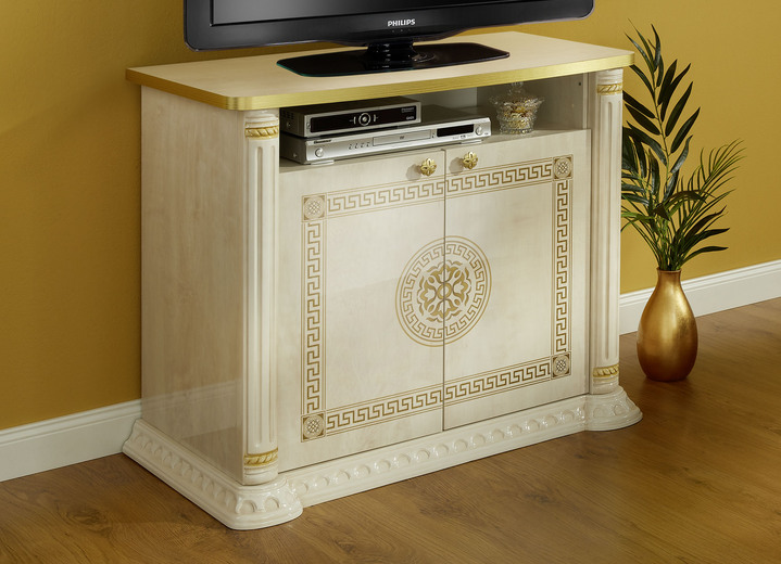 - Stilvolle Möbel mit hochglanzlackierter Kunststoffoberfläche, in Farbe BEIGE-GOLD, in Ausführung TV-Kommode