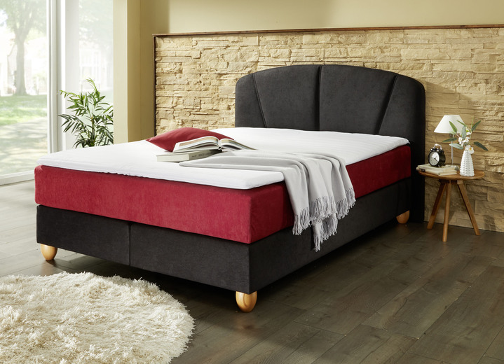 Boxspringbetten - Hochwertiges Boxspringbett mit Topper, in Farbe SCHWARZ-ROT, in Ausführung mit Bonnellfederkernmatratze (bis ca. 80 kg Körpergewicht) Ansicht 1