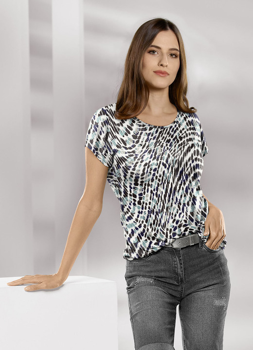 Kurzarm - Shirt in Premium Qualität, in Größe 036 bis 052, in Farbe ECRU-SCHWARZ-GRÜN