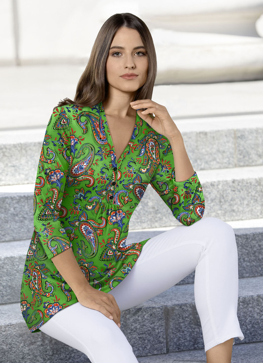 Blusen & Tuniken - Shirt-Tunika mit Paisley-Dessin, in Größe 038 bis 052, in Farbe GRÜN-ROT-BUNT