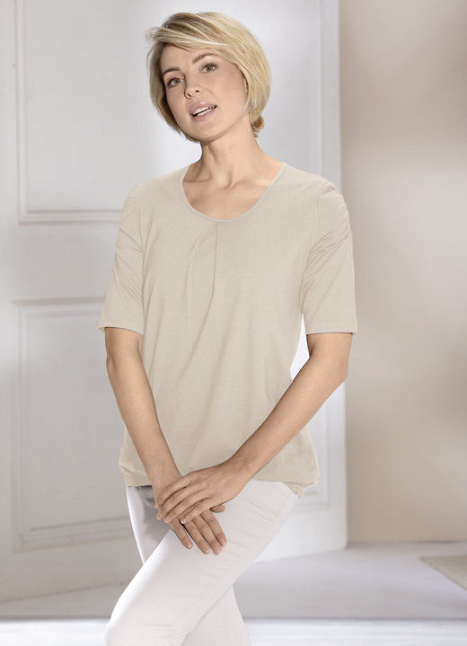 Kurzarm - Shirt mit Kellerfalte in 2 Farben, in Größe 036 bis 052, in Farbe BEIGE Ansicht 1