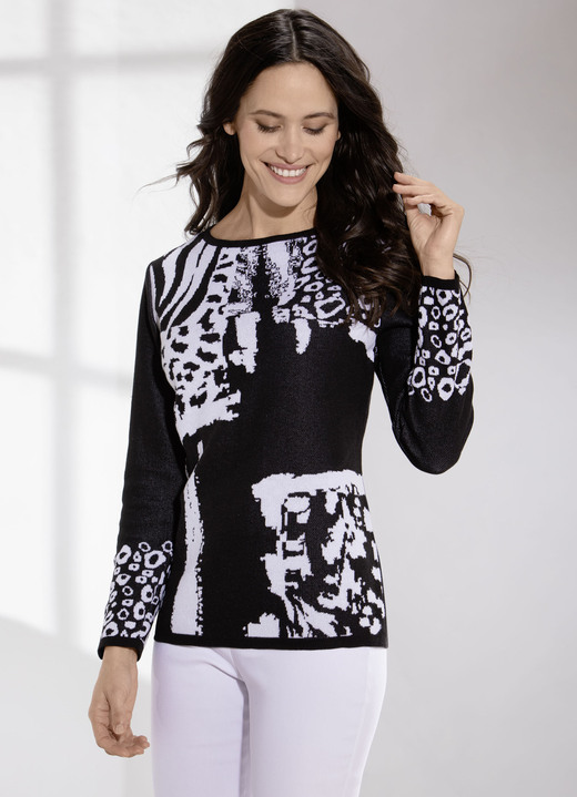 Langarm - Pullover in Jacquard-Dessin, in Größe 038 bis 054, in Farbe SCHWARZ-WEISS