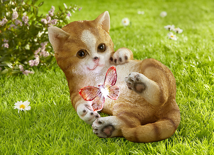 Gartenbeleuchtung - Kätzchen mit Solar-Schmetterling, in Farbe BRAUN-WEISS