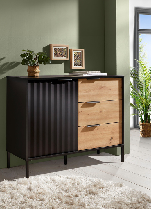 Vitrinen - Highboard mit geriffelten Fronten, in Farbe SCHWARZ-EICHE, in Ausführung Kommode, 1-türig Ansicht 1