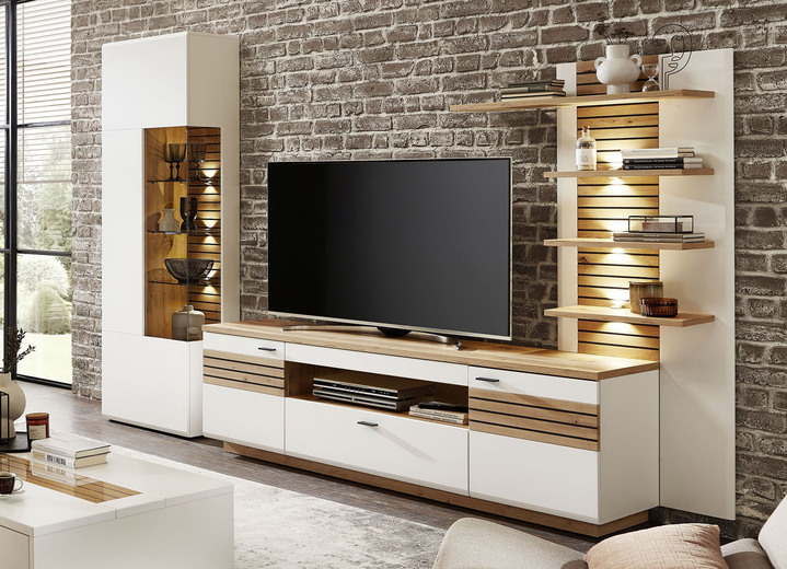 - Wohnwand mit LED-Beleuchtung und Softclose-Funktion, in Farbe WEISS-EICHE ARTISAN Ansicht 1