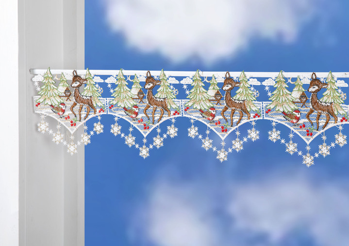 Fensterbilder - Winterliche Stangendekoration aus echter Plauener Spitze, in Größe 628 (H18xB48 cm) bis 664 (H18xB96 cm), in Farbe BUNT