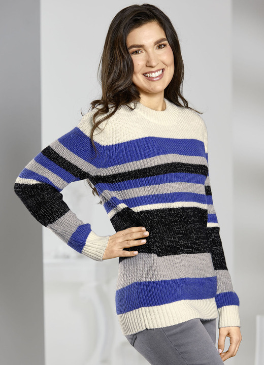 Langarm - Pullover in Perlfang, in Größe 036 bis 052, in Farbe ECRU-BLAU-MULTICOLOR Ansicht 1