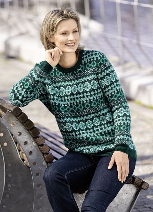 Langarm - Pullover in flauschiger Qualität, in Größe L(44/46) bis XS(32/34), in Farbe PETROL-MALACHIT-WEISS