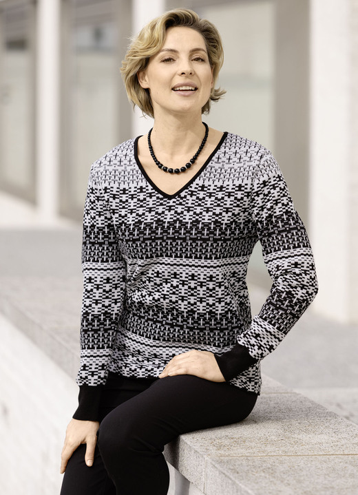 Langarm - Pullover in Jacquard-Dessin, in Größe 036 bis 052, in Farbe SCHWARZ-WEISS