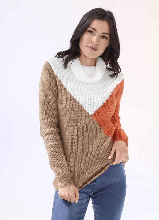 Langarm - Pullover in superflauschiger Qualität, in Größe L(44/46) bis XS(32/34), in Farbe CAMEL-ORANGE-WOLLWEISS Ansicht 1