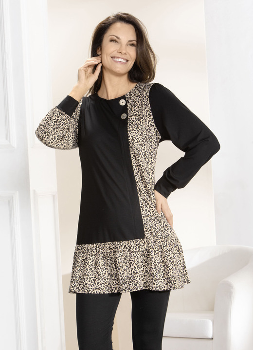 Tuniken - Extravagante Tunika mit Zierknöpfen Tuniken - Extravagante Tunika mit Zierknöpfen, in Größe 038 bis 052, in Farbe SCHWARZ-BEIGE-BRAUN