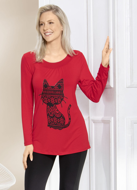 Langarm - Shirt mit Katzen-Motiv in 2 Farben, in Größe 038 bis 056, in Farbe ROT Ansicht 1