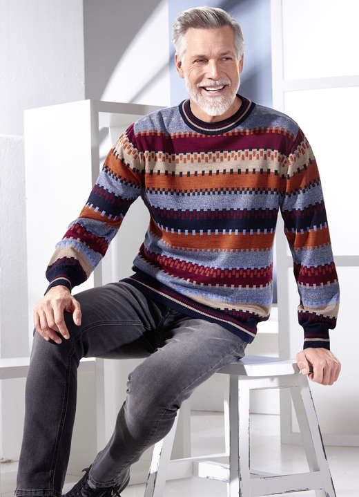 Pullover & Strickmode - Schicker Rundhalspullover, in Größe 046 bis 062, in Farbe JEANSBLAU-BORDEAUX-CAMEL-TERRAKOTTA
