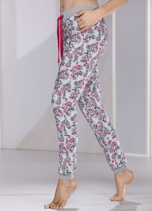Schlafanzüge & Shortys - Schlaf- und Freizeithose, lang mit Taschen und bedruckt, in Größe 034 bis 054, in Farbe GRAU MELIERT-ROSA-BUNT