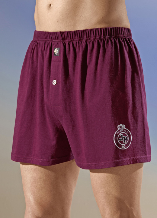 Pants & Boxershorts - Viererpack Boxershorts, uni mit Druckmotiv, in Größe 005 bis 013, in Farbe 2X BORDEAUX, 2X RAUCHBLAU
